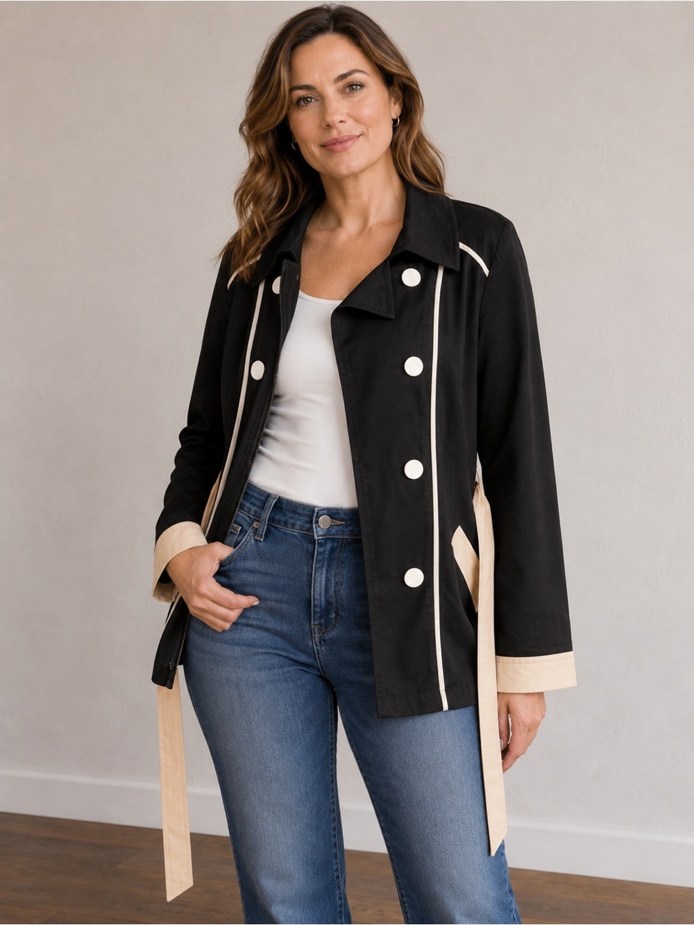 J. Peterman Black Trench Coat with Cream Trim | Military Nautical Light Jacket
